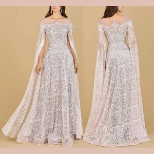 NWT $598 LARA NY [ 16 ] Lace Cape Long Sleeve A-Line Gown in Pink #S1894‎